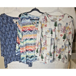 Alfred Dunner 3 Shirt Bundle size 2X blue 3/4 sleeves Christmas blue multicolor
